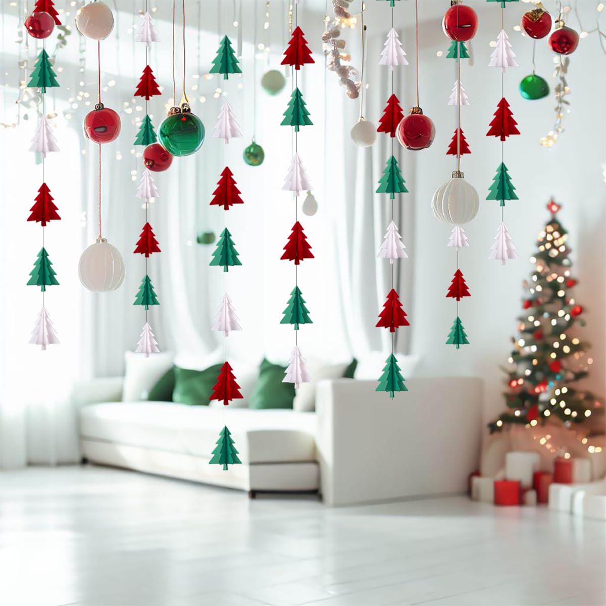 Red White Green Christmas Decorations - 2Pcs 3D Christmas Tree Paper Streamers Party Banner Garland Hanging Decor