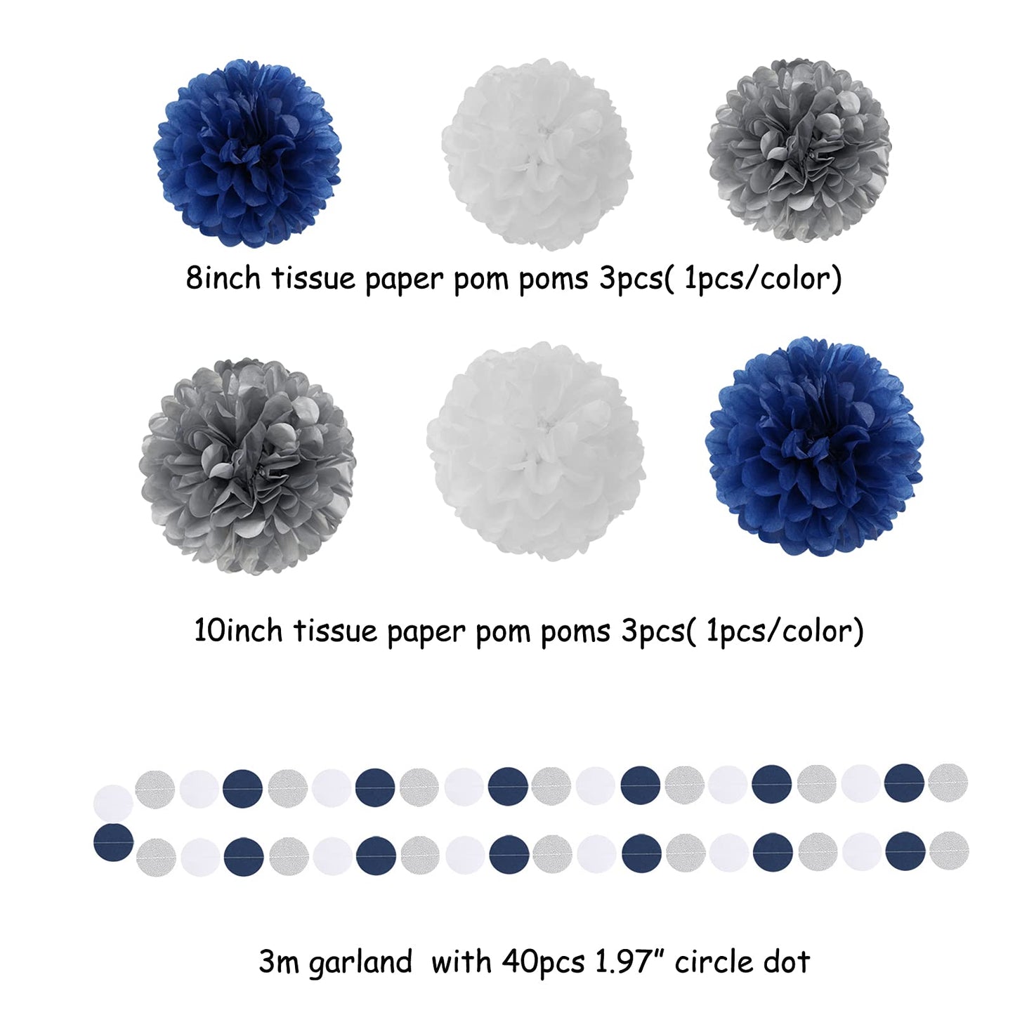 Navy Blue White Silver Party Decorations,23pcs Kit Graduation 2025 Tissue Paper Pom Poms Streamers,Tassel Garland Banner Flowers,Men Birthday Bachelorette Baby Shower Christmas Decor Lasting Surprise
