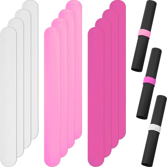 Charniol 12 Pieces Wrapping Paper Roll Holder Holiday Flip Wraps Silicone Covered Metal Strips Flip 1 x 9 Inch Stabilizer Slap Band for Poster Gift Paper Vinyl Storage Organize (Rose Red,Pink,White)