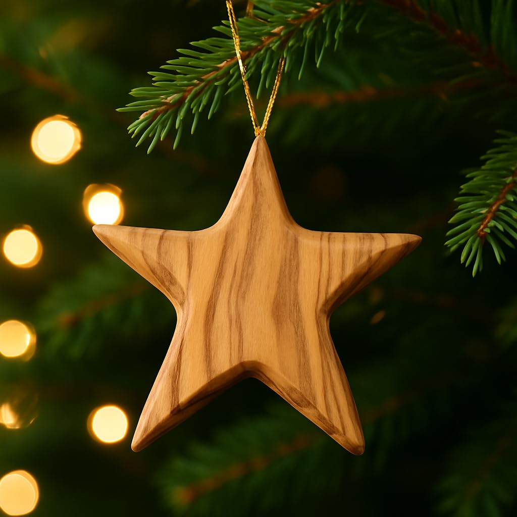 Handcrafted Olive Wood Star Ornament - Unique 2.56”x2.76” Eco-Friendly Christmas Tree Decor, Authentic Mediterranean Craft, Sustainable Holiday Decoration, Perfect Eco Gift for Christmas