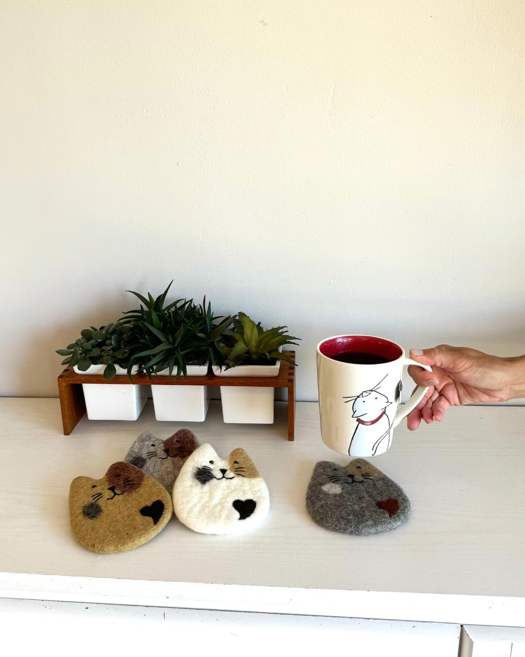 Humble Hilo Handmade Animal Felt Coaster Set of 4, Absorbent Coaster for Animal Lover (Cats)