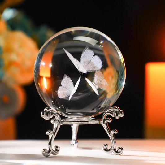 HDCRYSTALGIFTS 3D Laser Engraved Butterfly Crystal Ball Paperweight 2.36in(60mm) Glass Decorative Ball for Room Table Ornament Butterfly Figurines for Mom Women Friends