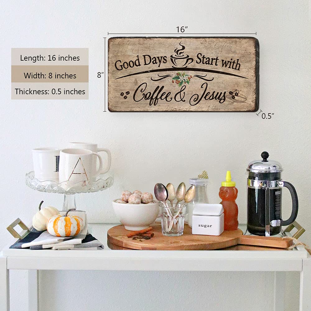 Rustic Wall Hanging Wood Plaque - Good Days Start with Coffee and Jesus - Coffee Bar Decor