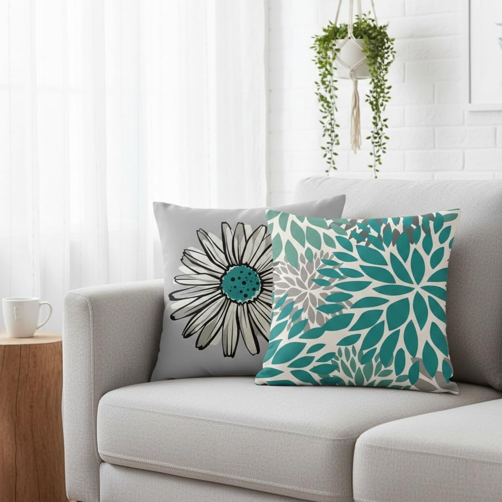 Hopomoon Green Pillow Covers 18x18 Set of 4,Gray and Green Modern Daisy Floral Pillowcases White Linen Square Cushion Covers for Living Room Sofa Bedroom