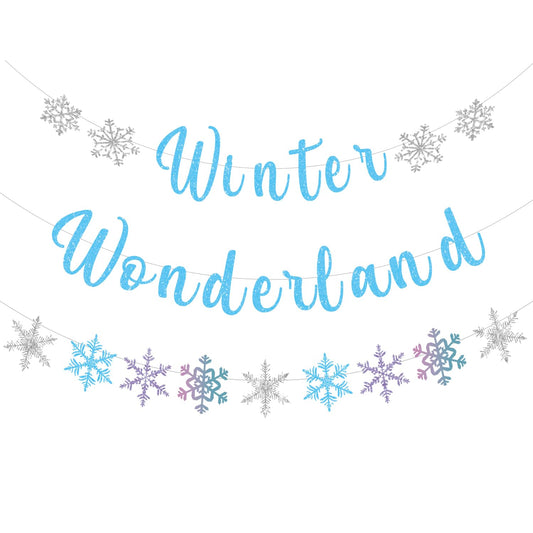 Pre-Strung Winter Wonderland Banner Glitter Snowflake Garland Christmas Decoration Banner for Home Wall Mantle Decor Winter Holiday New Year Party Supplies (Blue)
