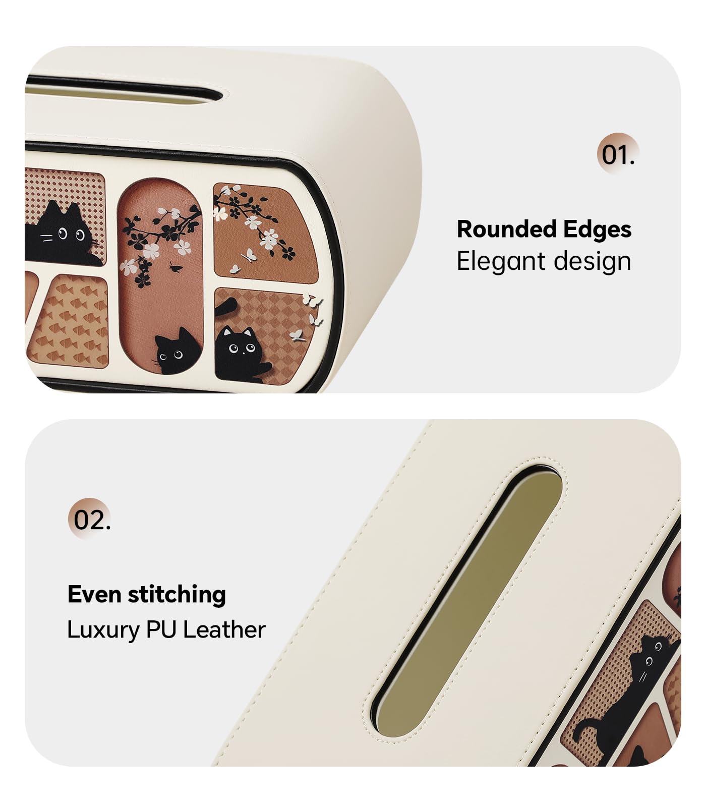 MEIBOOCH Cat-Themed Tissue Box Cover with Curved Edge, Rectangle Tissue Box Holder for up to 4 Inches High Boxes (Beige)