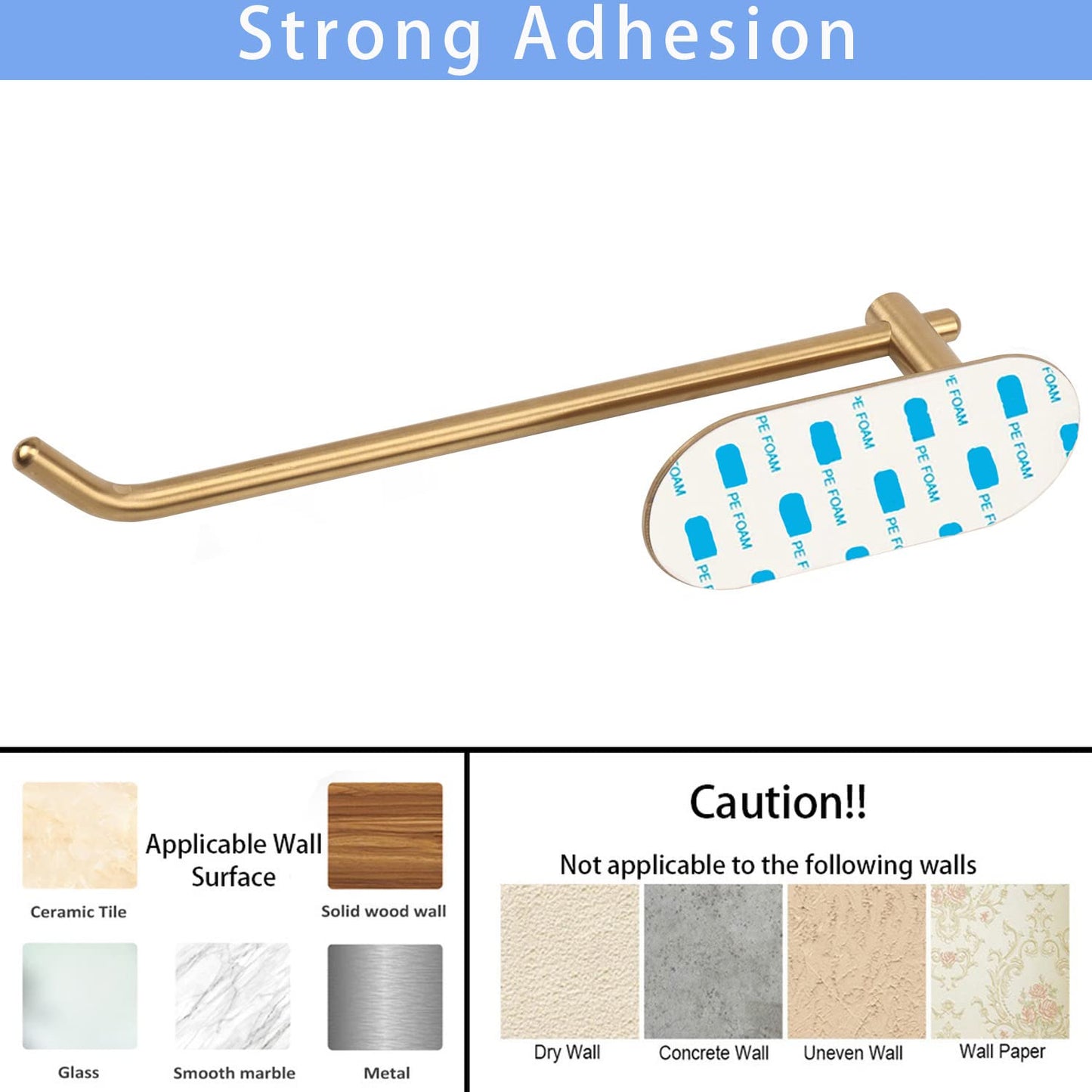 TocTen Hand Towel Holder/Towel Ring, No Drilling Stick on Wall Hand Towel Bar, SUS 304 Stainless Steel Hand Towel Rod, Strong Self Adhesive Hand Towel Rack/Hanger for Bathroom Kitchen (Brushed Gold)