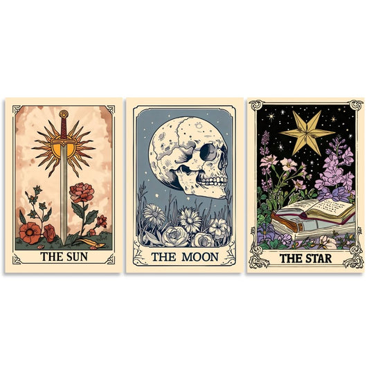 Set of 3 The Sun Moon Star Wall Art Mystical Tarot Card Print Earthy Boho Celestial Pictures Decor Astrology Posters Spiritual Witchy Room Aesthetic Painting for Bedroom 8x12inch Unframed