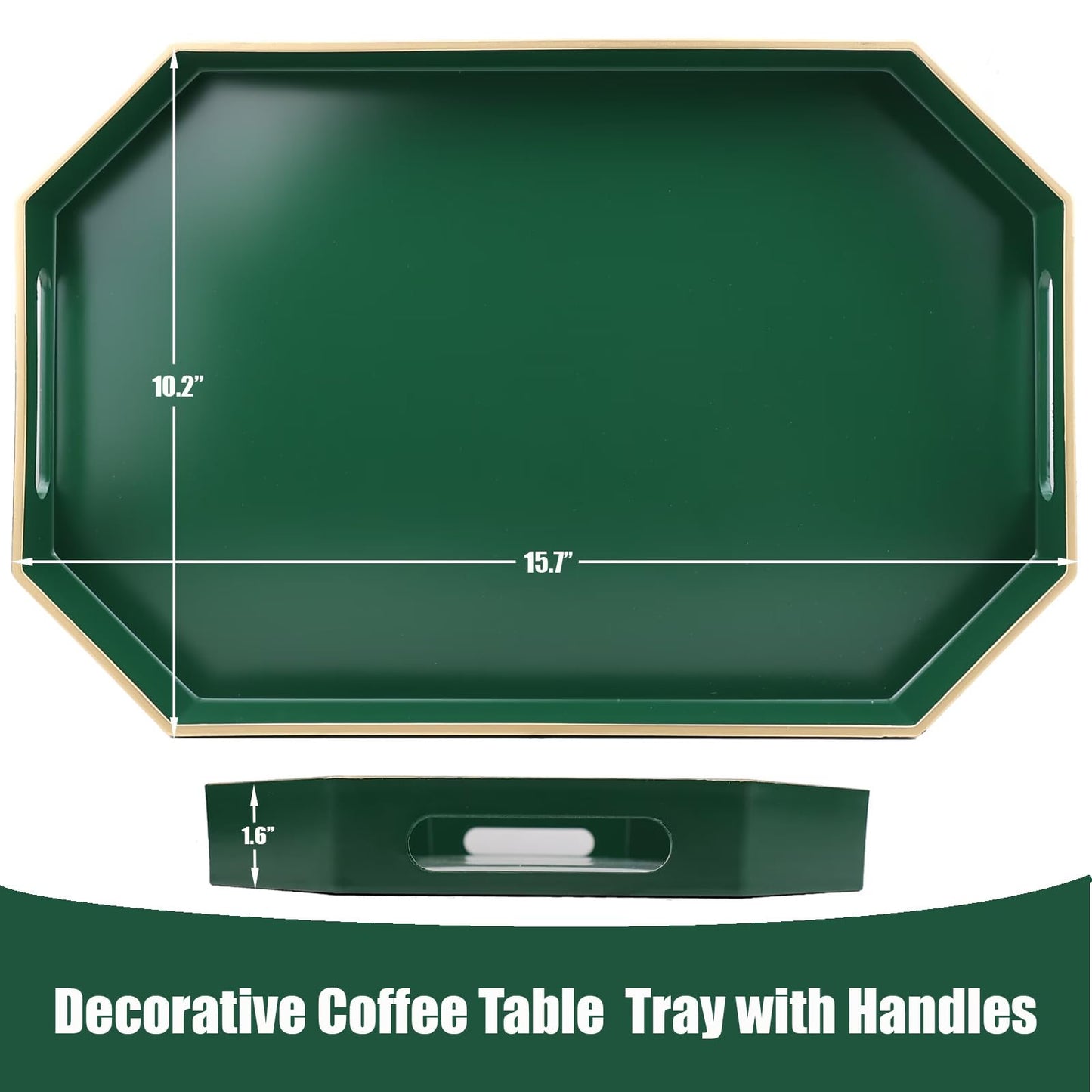 Omuriko Green Decorative Tray with Handles, Versatile Serving Tray for Coffee Table, Ottoman, Ideal for Serving, Displaying, Organizing, 15.7"*10.2"*1.57"