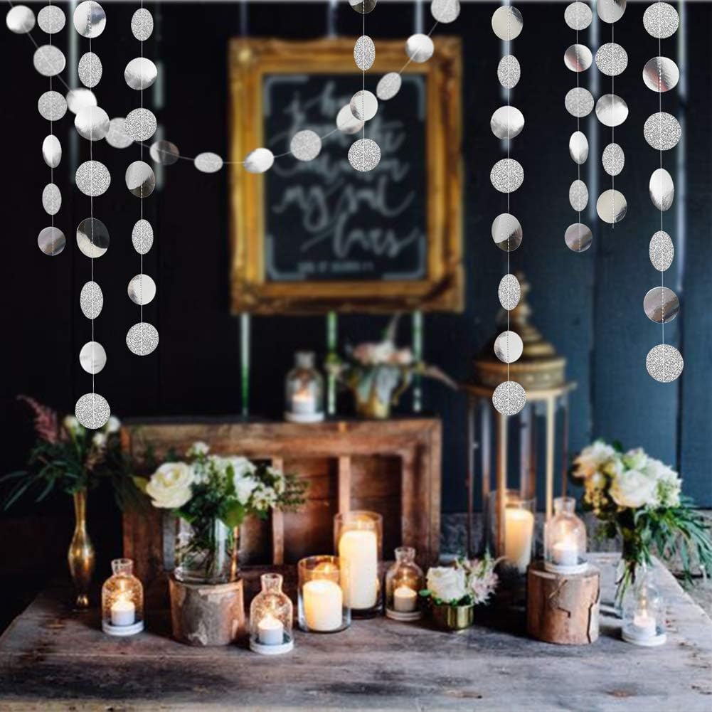 Decor365 Glitter Silver Party Decorations Silver Circle Garland Hanging Dot Streamers Banner Backdrop Birthday Decoration Bachelorette Bridal Shower Engagement Anniversary Graduation Party Decor