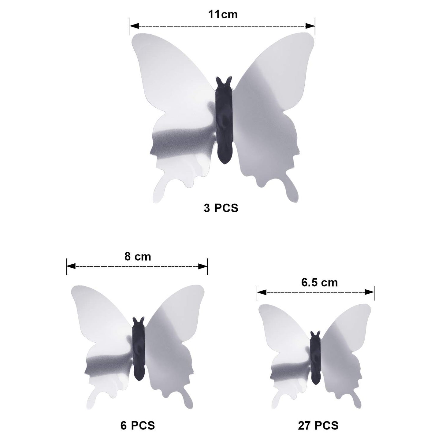 BBTO 48 Pieces Butterfly Wall Decor DIY 3D Mirror Butterfly Stickers Removable Decals Crafts for Birthday Party Bedroom School Bathroom Living Room Decor（Sliver）