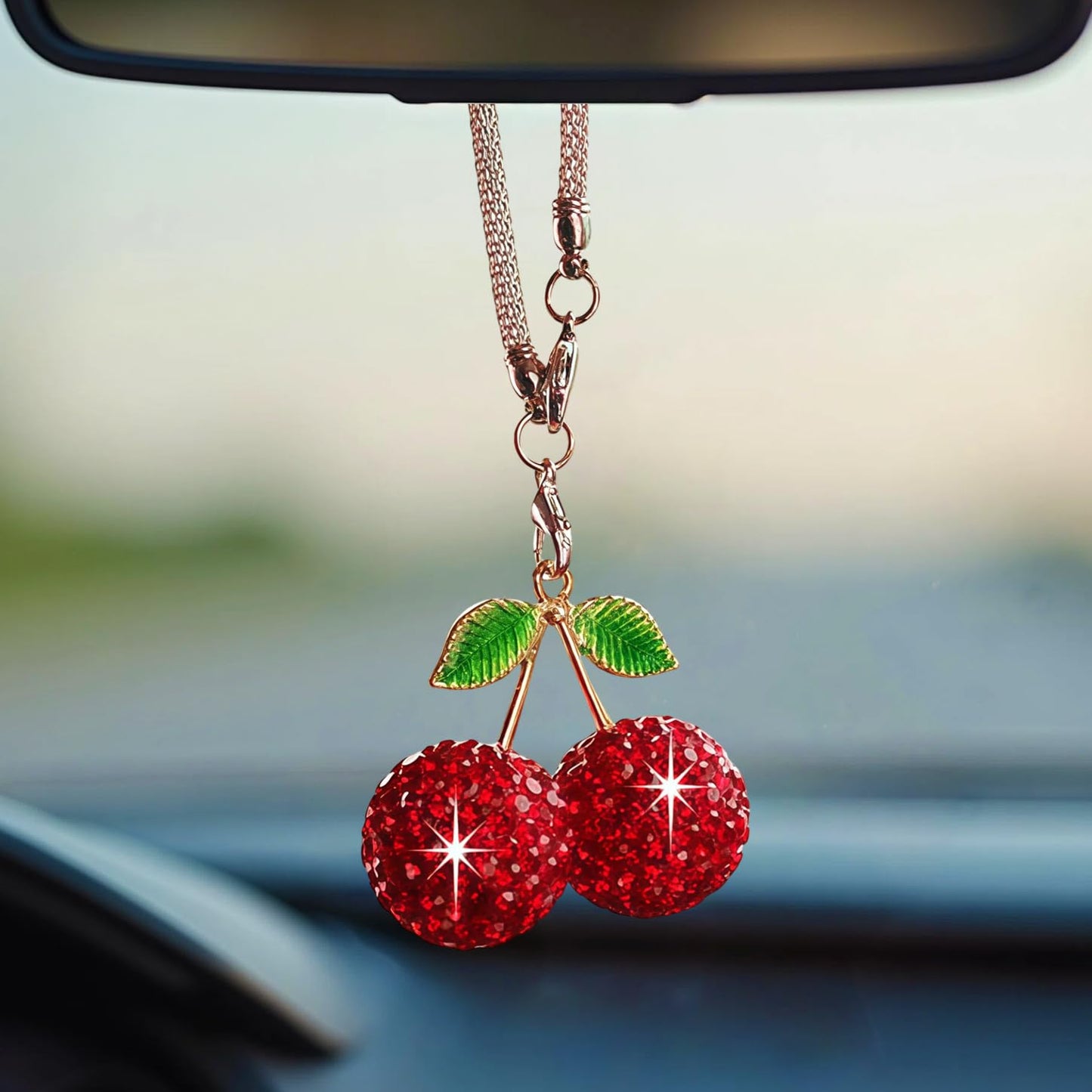 Bling Cherry Car Hanging Ornament, Cute Crystal Rear View Mirror Pendant, Sparkly Diamond Rearview Mirror Charms, Lucky Car Interior Decor Accessories (Red)