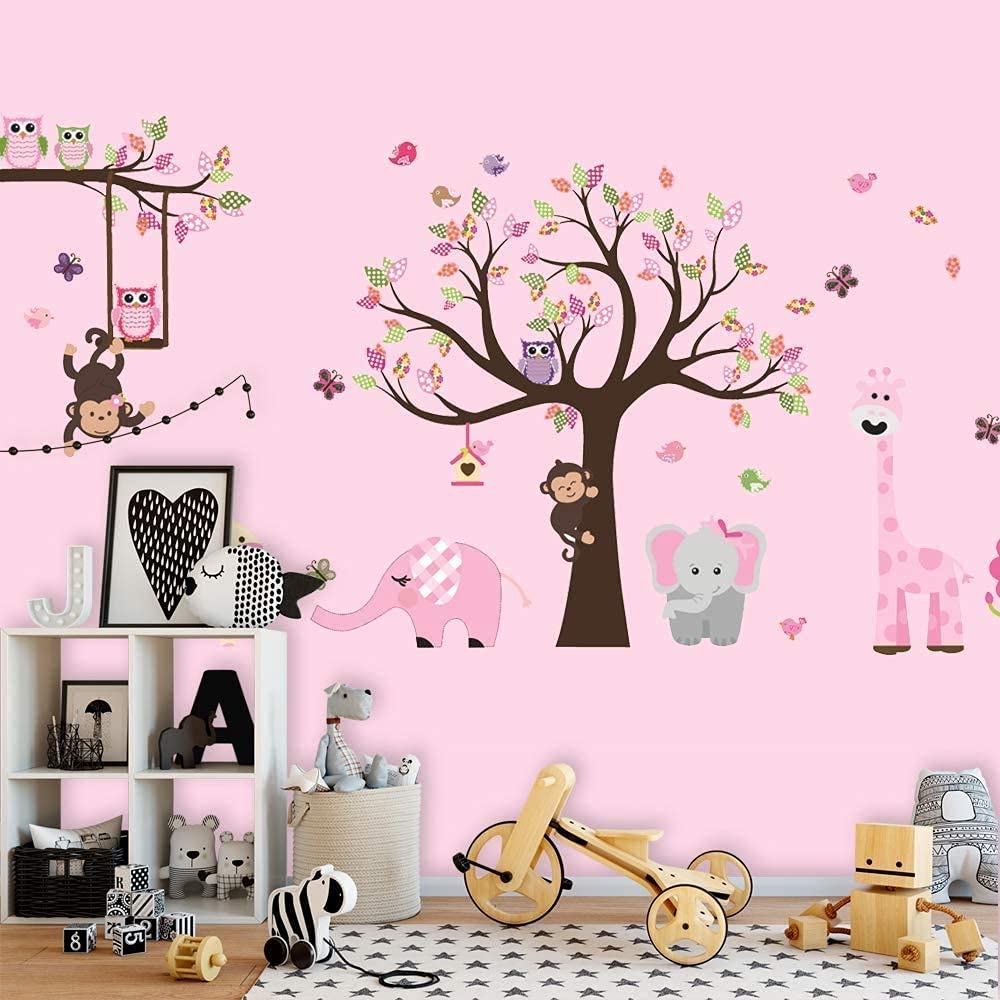 Amaonm Jungle Animal and Tree Wall Decals Removeable DIY Flower Lion Giraffe Owls Wall Sticker Peel and Stick Wall Decor for Nursery Kids Room Bedroom Living Room (B)