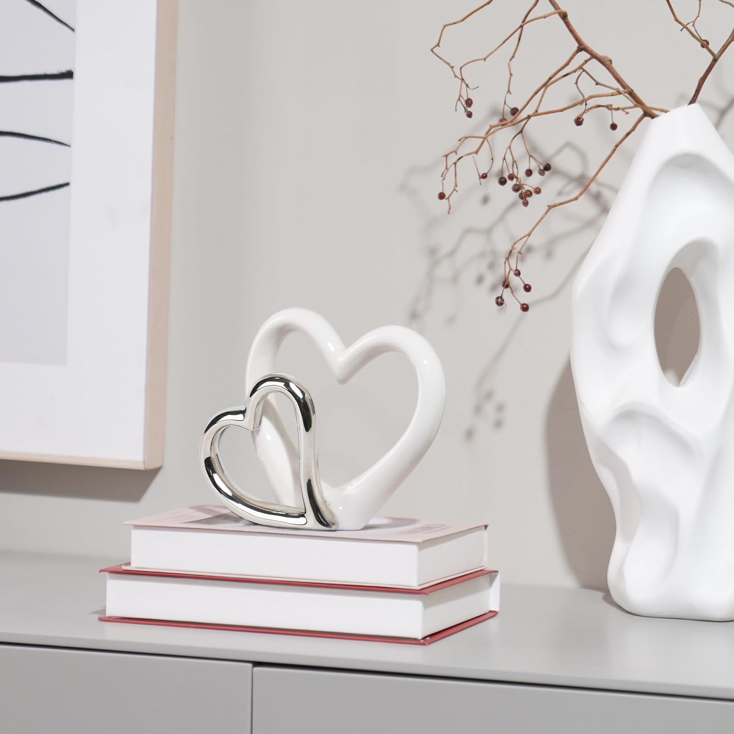 LCdecohome Valentine Decorations - Double Heart Sculpture Table Ornaments Anniversary Couple Gift for Her Home Decor Ceramic Heart Sculptures Figurine 7.5 * 1.75 * 6 inch