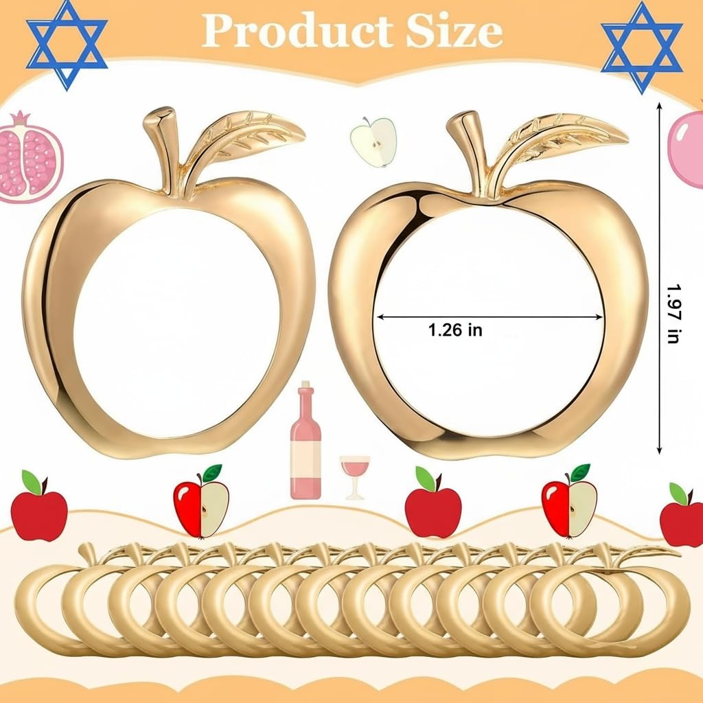 Exquisite Apple-Shaped Napkin Rings with Leaf and stem - Elegant rosh hashanah Table Decor for Formal Dinners and Holiday Celebrations - Set of Polished Metal Rings for Napkins (12, Gold Apple)