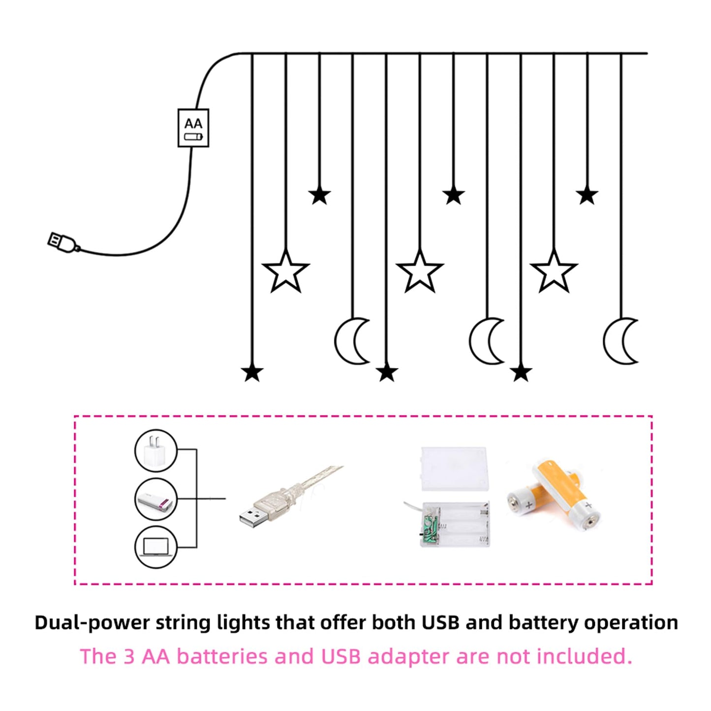 Moon and Stars Decor Curtain Lights, 11.5ft String Lights for Bedroom, Christmas, Ramadan Decor, Indoor LED Fairy Twinkle Light, Battery Operated or USB Plug-in (Warm Yellow)