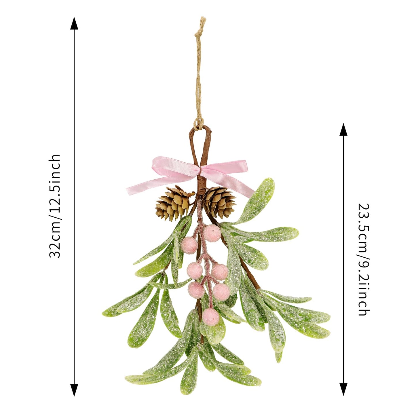 Christmas Mistletoe Decorations Frosted Artificial Mistletoe Ornaments with Bows Berries Pine Cones Snowy Fake Hanging Kissing Plant Stems for Xmas Tree Picks Doorway Holiday Decor (2, Pink)