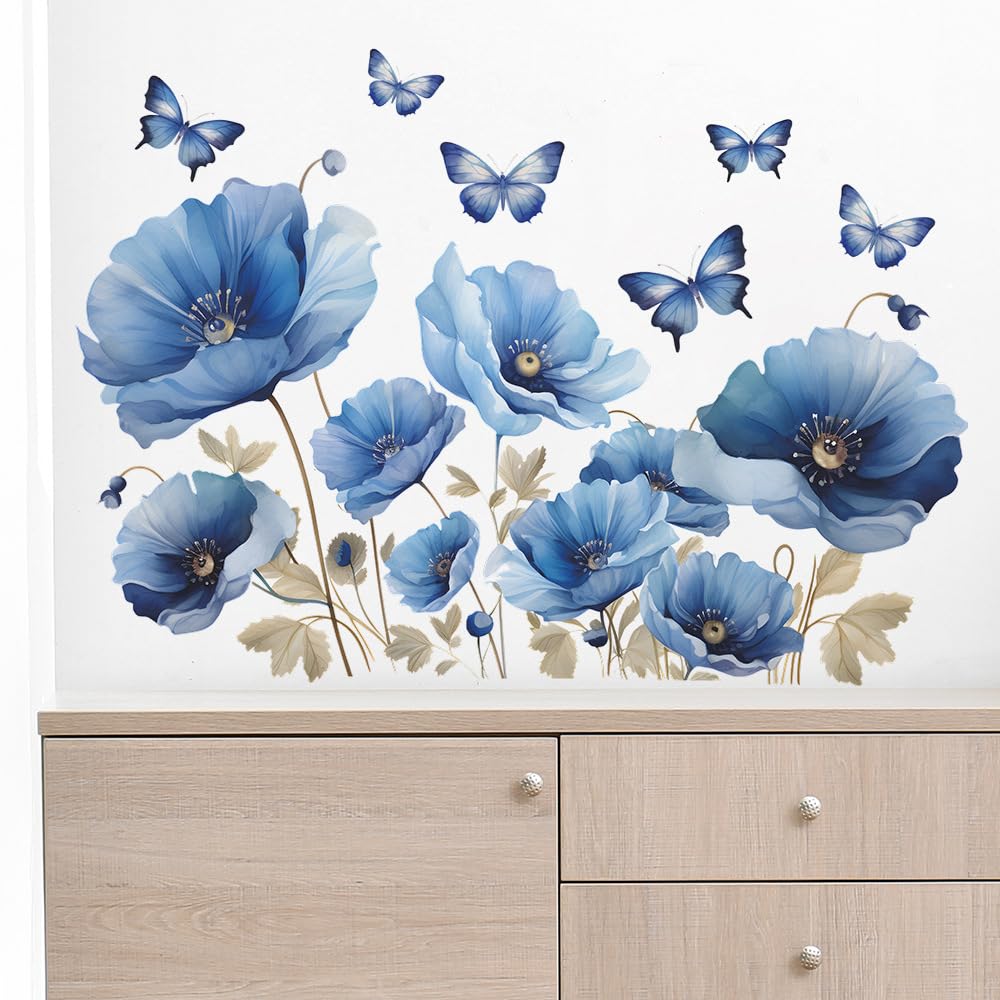 iMagitek Blue Flower Wall Decals Peel and Sticker DIY Floral Butterly Wall Stcikers Murals for Girls Bedroom, Living Room, Kids Room Wall Decor