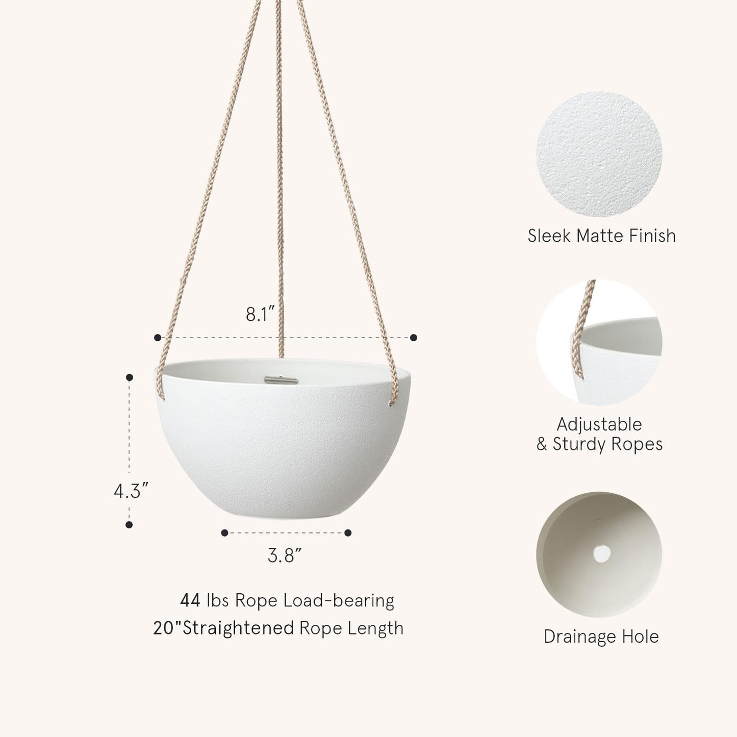 LA JOLIE MUSE White Hanging Planter Basket - 8 Inch Indoor Outdoor Flower Pots, Plant Containers W/Drainage Hole, Plant Pot for Hanging Plants, Pack 2