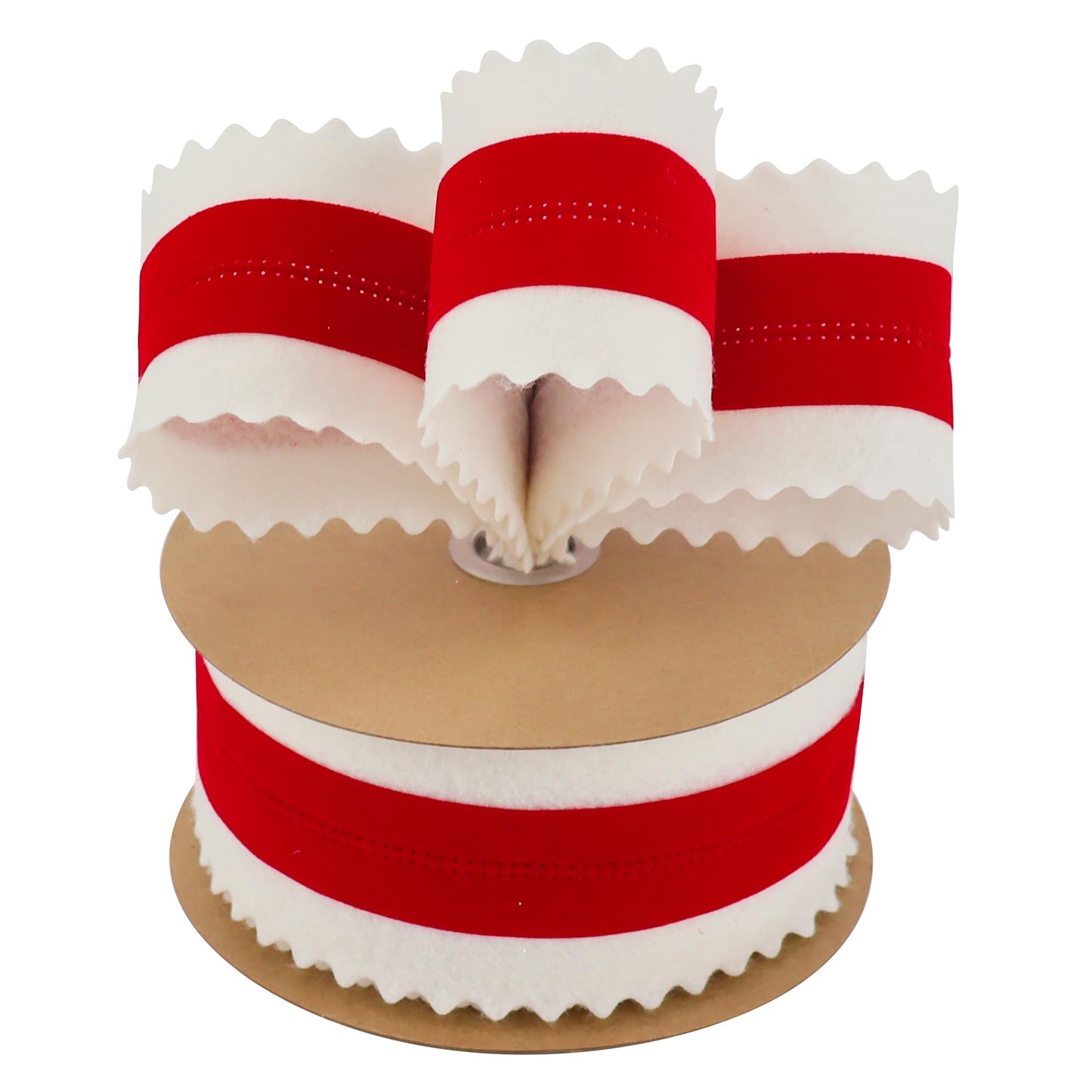MEEDEE Christmas 2.5 Inch Gift Wrap Ribbon 10 Yards Wired Felt Ribbon White with Pink Velvet Middle Rickrack Cutout Ribbons for Christmas Tree Decoration, Topper Bow, Garland