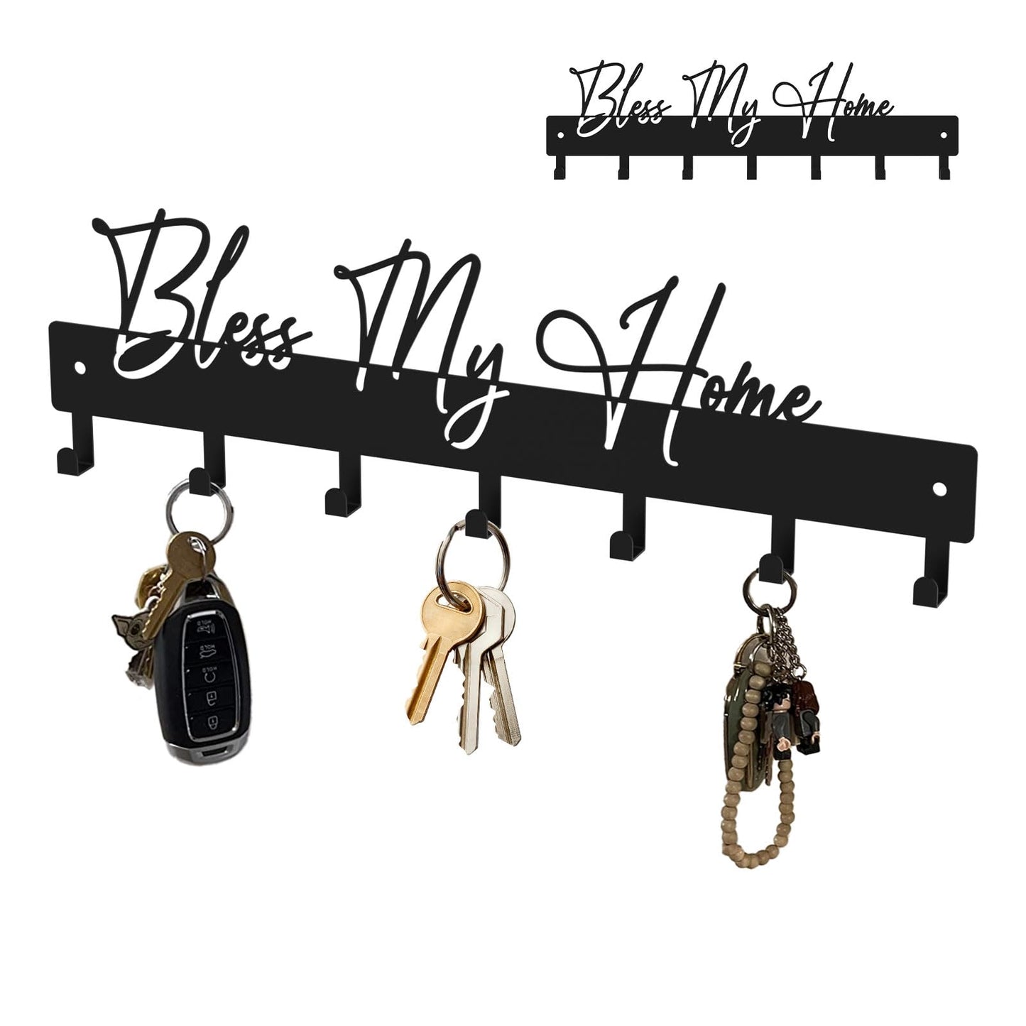 ShowMtheM Exquisite Fashion Phrase Key Holder Wall Mount,Bless My Home Key Hooks for Wall Decoration,Black Metal Key Hanger with 7 Hooks for Entryway,Office,Living Room Decor