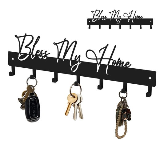 ShowMtheM Exquisite Fashion Phrase Key Holder Wall Mount,Bless My Home Key Hooks for Wall Decoration,Black Metal Key Hanger with 7 Hooks for Entryway,Office,Living Room Decor