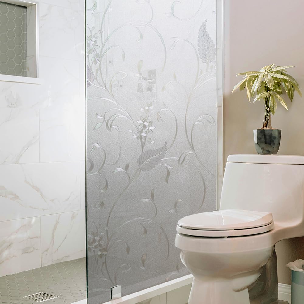 Static Cling Non-Adhesive Frosted Glass Window Film for Decorative Decals and Privacy Covering on Shower Doors and Bathroom Doors (Vine, 17.7'' x78.7'')