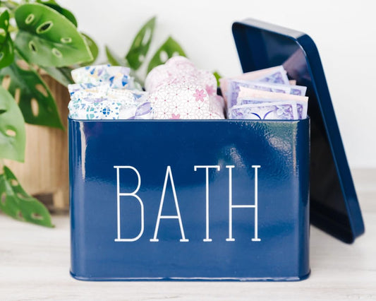 Lola Creates Co Farmhouse Bathroom Organizer - Tampon Storage, Bathroom Storage Box for Organization - Decorative Countertop, Under Sink, Cabinet or Shelf Organizers for Cosmetics, Accessories (Blue)