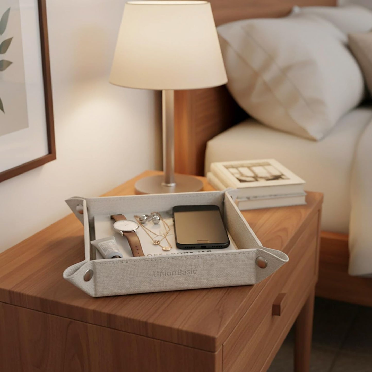 UnionBasic Small Valet Tray, Jewelry Tray for Rings Watches Earrings, Entryway Catchall Caddy for Coins Keys Change, Nightstand Bedside Valet Holder, Trays for Electronic Gadgets, Beige