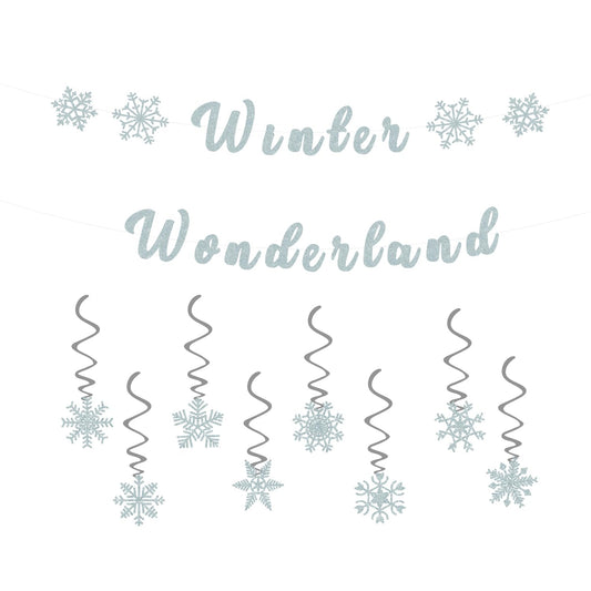 Winter Wonderland Banner,Snowflake Theme Party Decorations Include Pre-Strung Glittery Winter Wonderland Banner and 8 Pcs Snowflake Hanging Swirls,Christmas Birthday Party Supplies