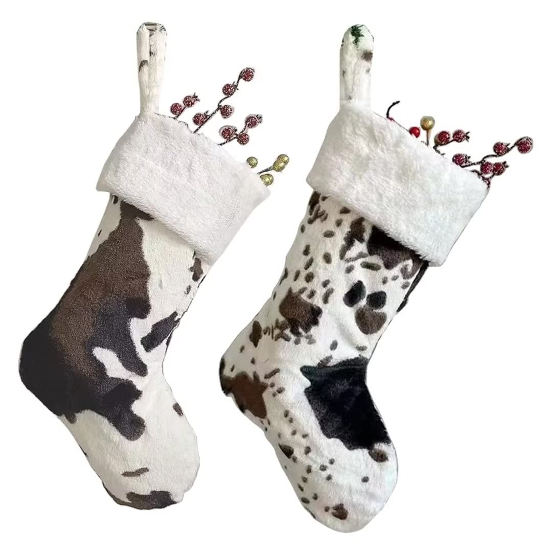 OLLULL Christmas Stockings, Cow Faux Fur Large Xmas Stockings Hanging Ornaments 2 Pack 20 Inch