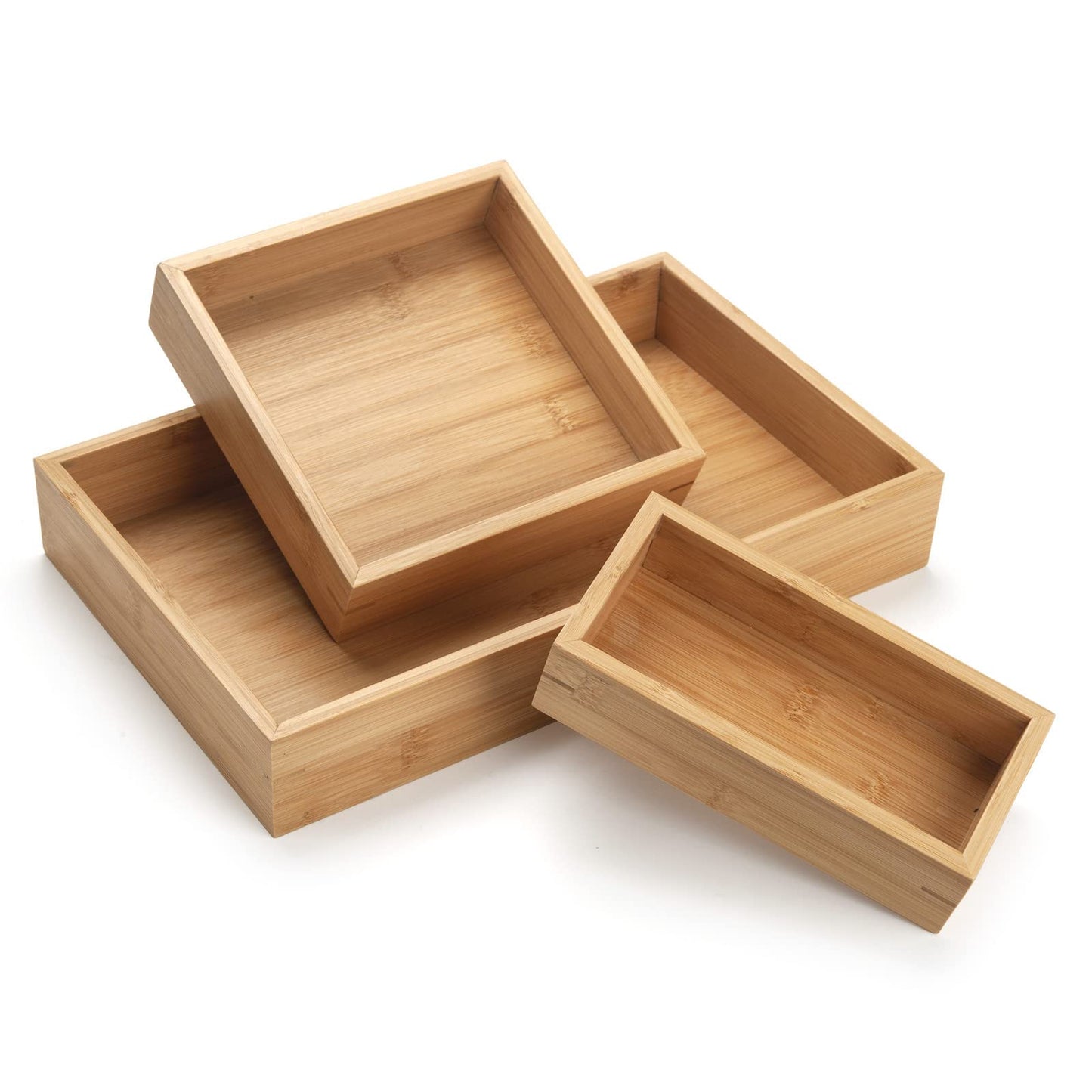Natural Bamboo Vanity Organizer Set - Wooden Bathroom/Kitchen Countertop Tray, Set of 3
