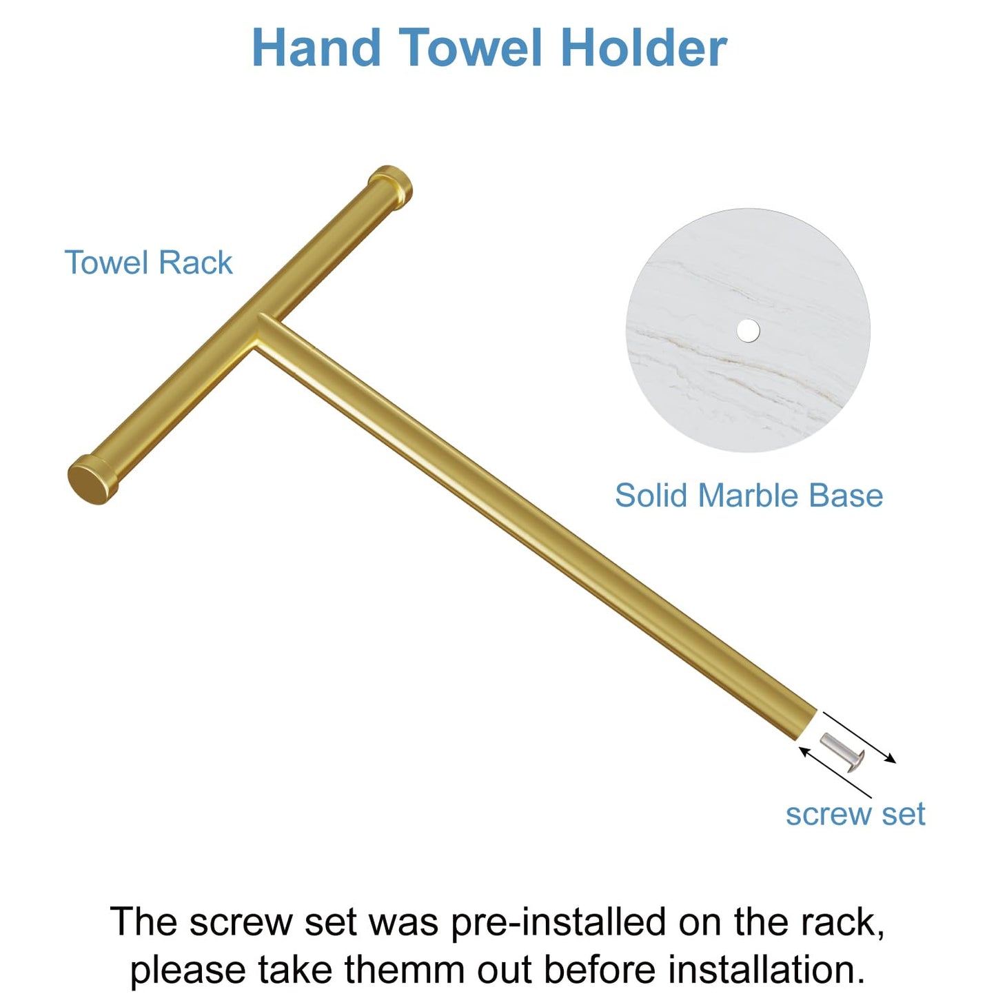Blemoacha Hand Towel Holder, T-Shape Hand Towel Stand with Heavy Marble Base, Stainless Steel Towel Bar Rack for Bathroom Vanity, Kitchen Countertop, Gold