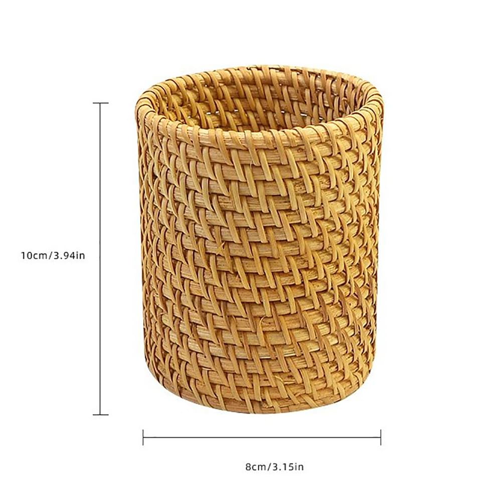 GSHLLO Round Wicker Basket Pencil Holder Boho Rattan Pen Holder Small Office Desk Organizer Cup Vanity Storage Cup Make up Brushes Storage Organizer for Home