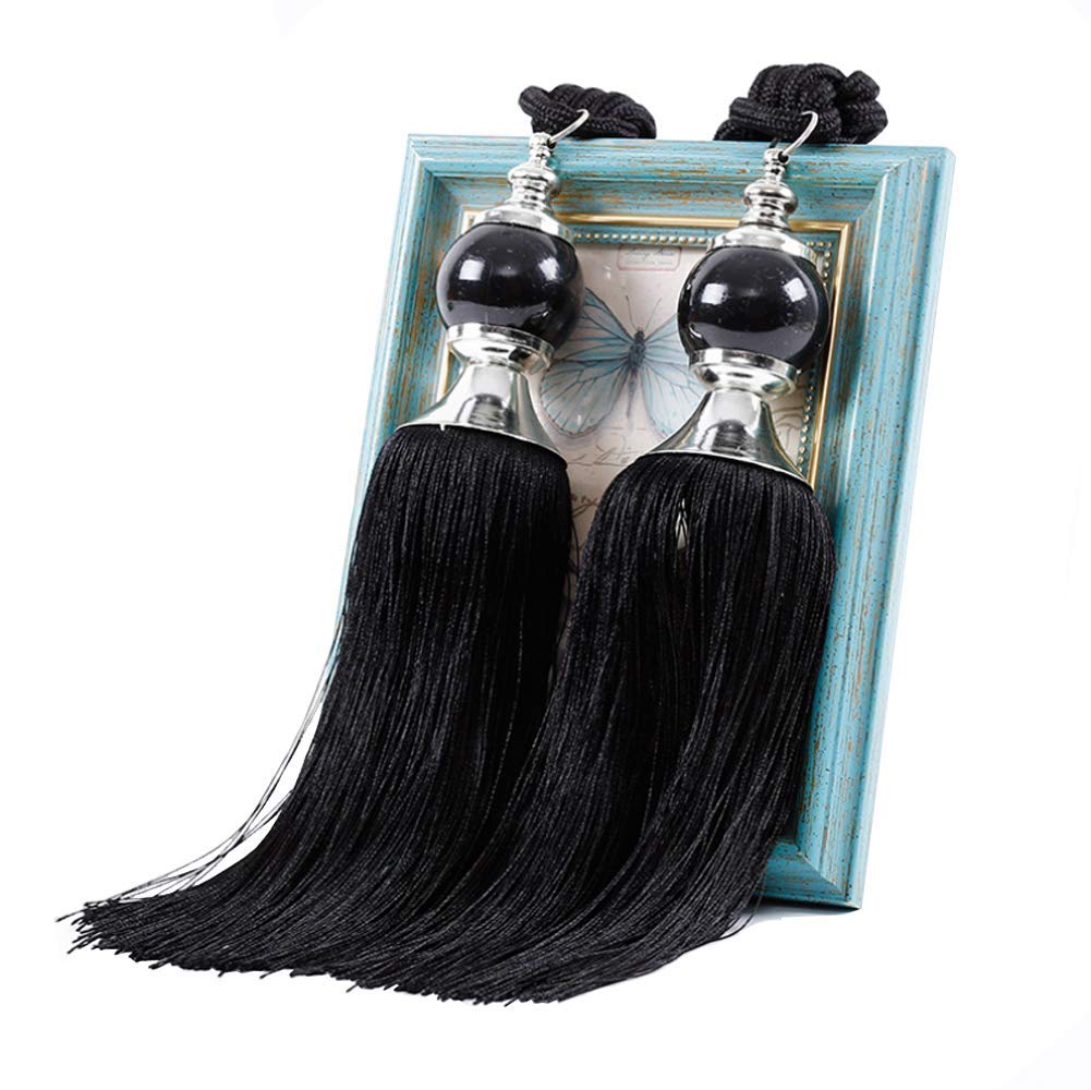 NARAMAX 1Pair Curtain Tassel Tiebacks Charm Crystal Stone Beads Fringe Rope Holdbacks Window Drapery Ball Tassels Rope Holdbacks Curtain Ties for Window Door Home Decorations(Black)