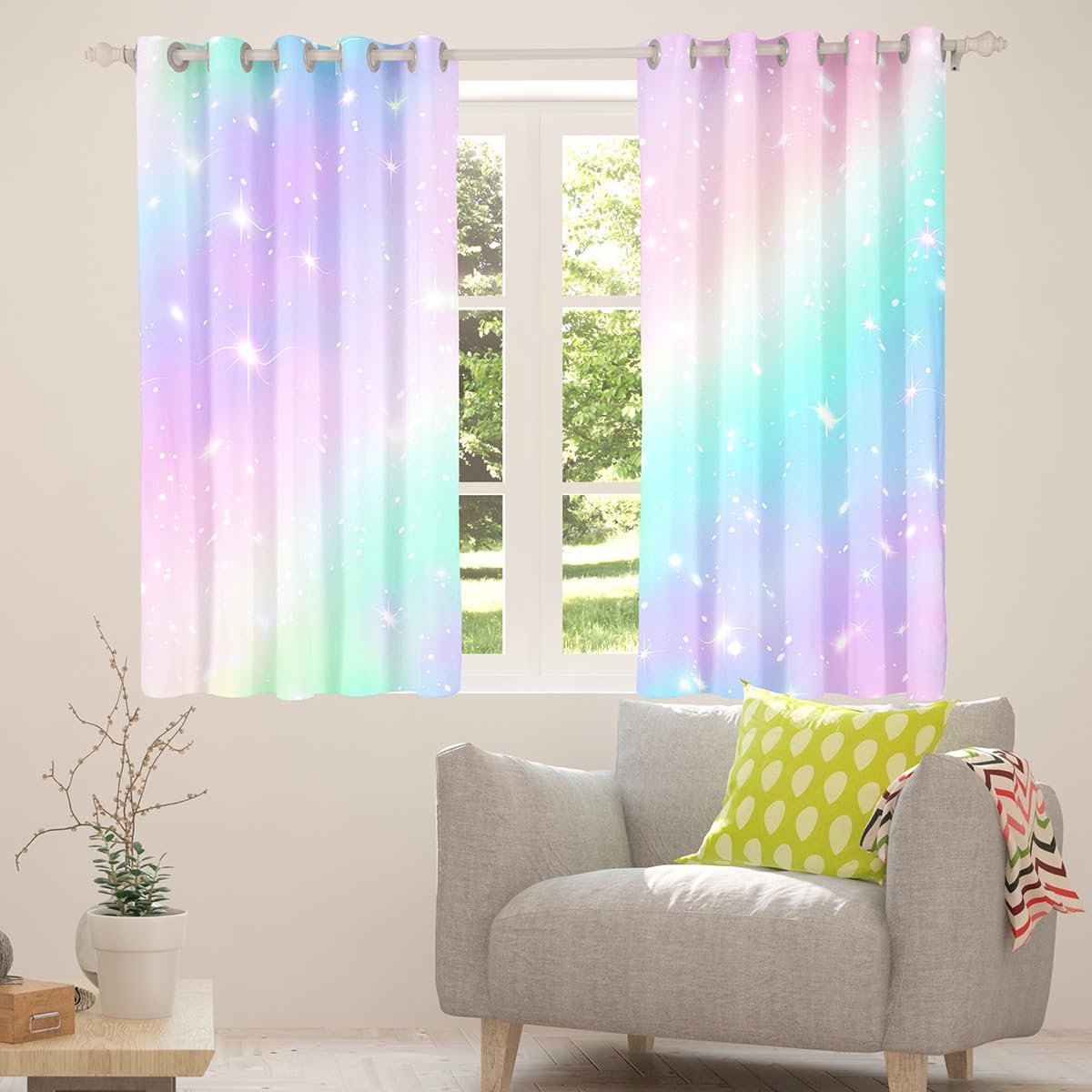 Erosebridal Ombre Blackout Curtains Tie Dye Gradient Darkening Curtains Girl Batik Pink Purple Blue Window Treatments Rainbow Iridescent Window Drapes 38"x45",2 Panels