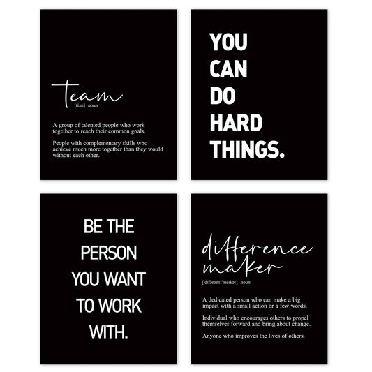 TLESKE Black Inspirational Motivational Office Decor Posters Prints Unframed Set of 4, Minimalist Wall Art Print Decor, Positive Affirmations Team Teamwork Difference Maker Wall Picture, 8x10
