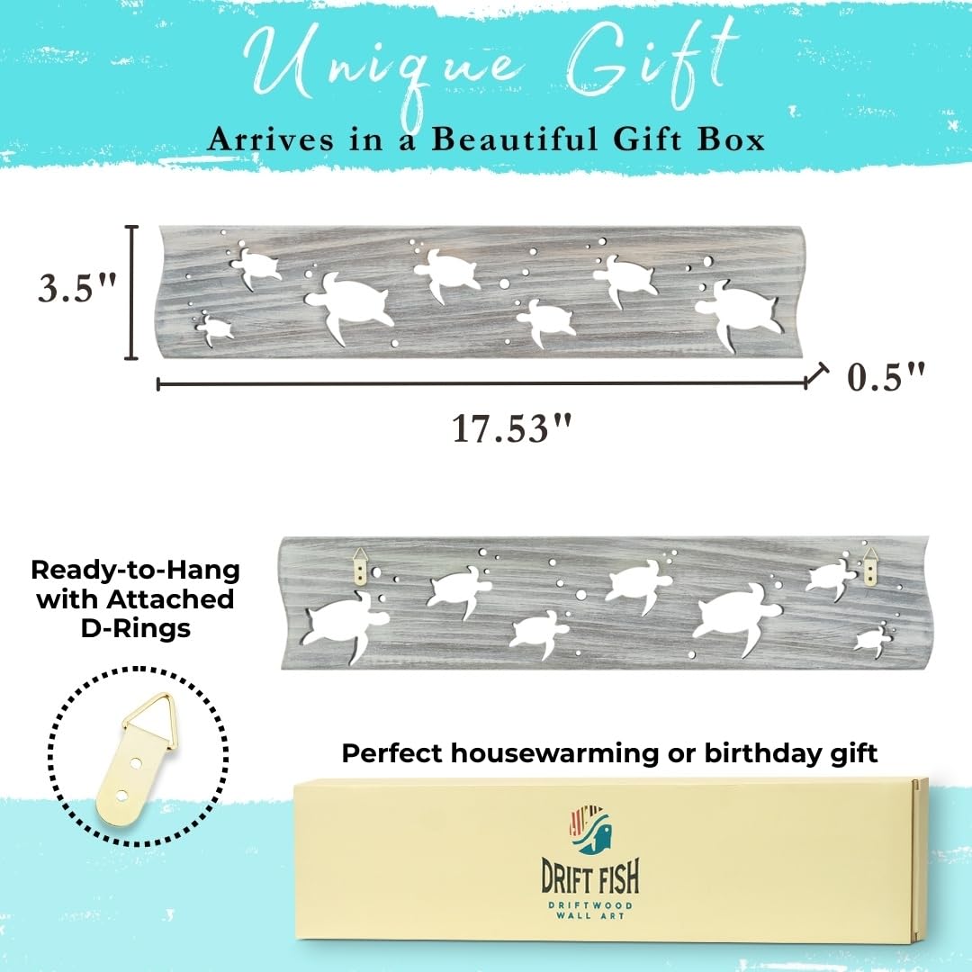 Driftwood Wall Art & DIY Key Holder – Handmade Coastal Home Decor – 17.5" Genuine Weathered Wood Plank with 5 Removable Hooks for Keys, Leashes, and Jewelry – Nautical Beach House Wall Hanging (Turtle March)