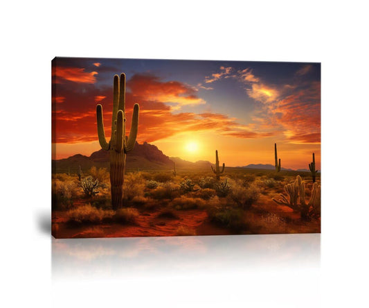HJY Art Superstition Mountains Sunset Canvas Wall Art Arizona Western Desert Cactus Wall Decor Nature Landscape Pictures Wall Artworks Posters for Living Room Home Decorations (24''H x 36''W)