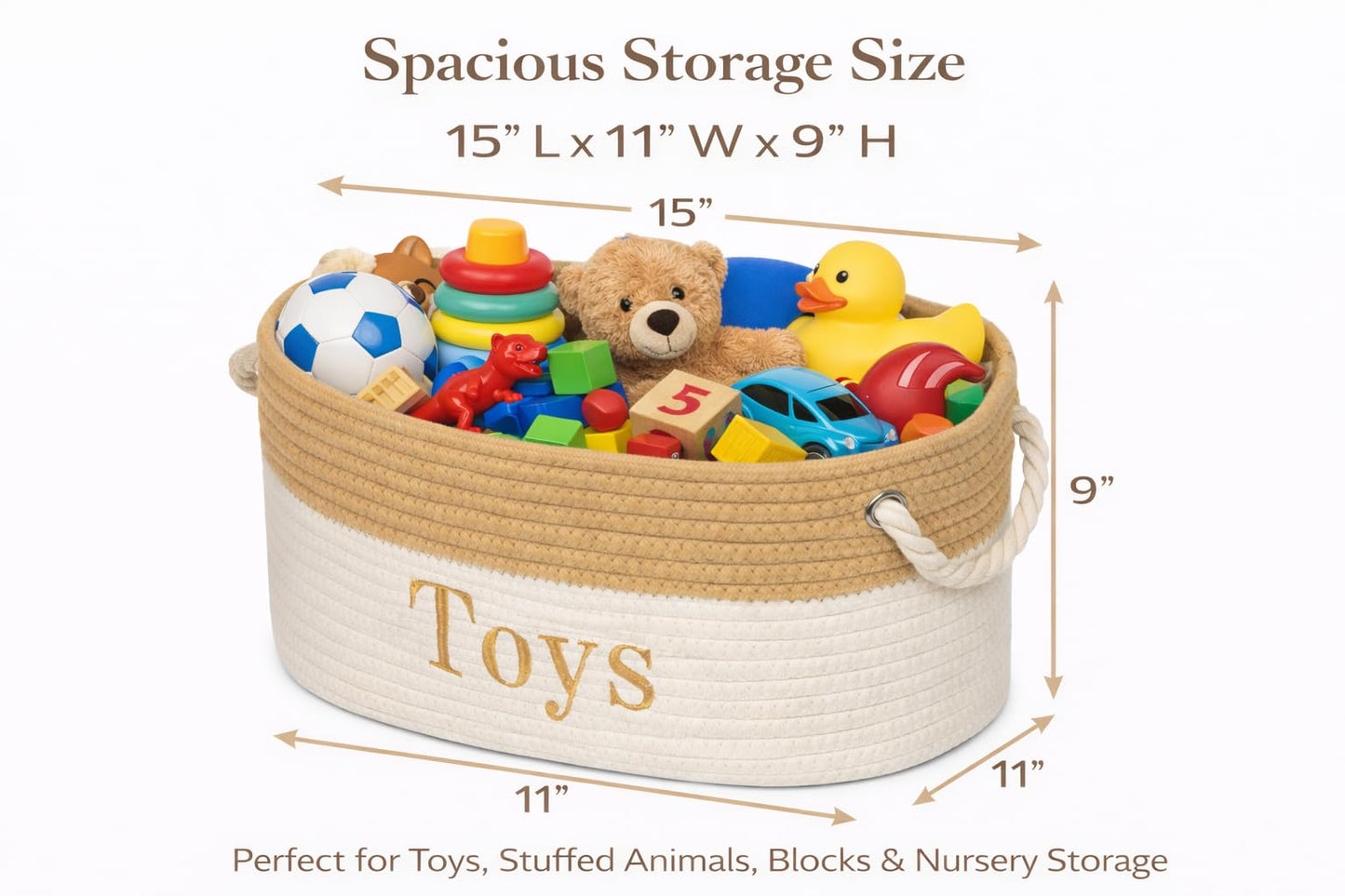 Toy Basket - 15 x 11 x 9 Toy Storage Bin - Embroidered Storage Bins - Tote Bin for Nursery, Playroom, Living Room, Classroom (Toy Bin)