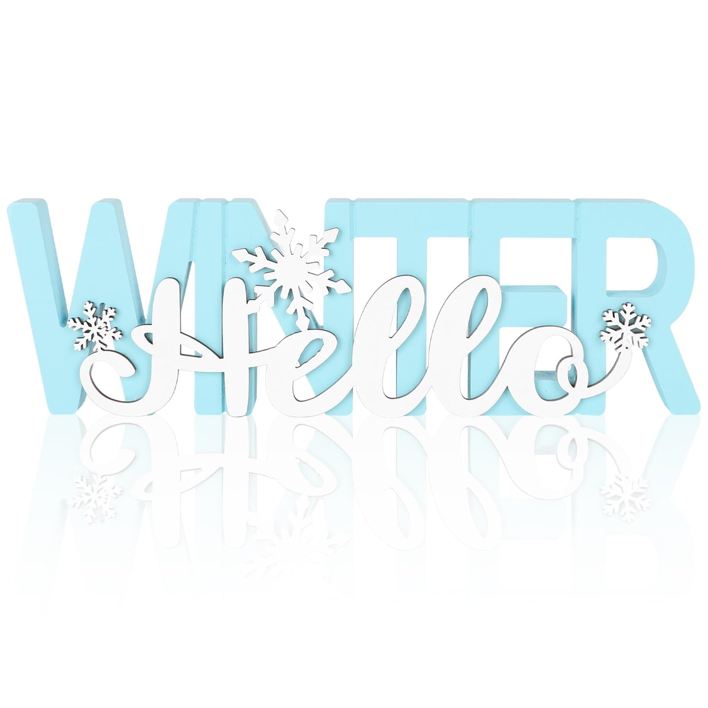 COCHIE Wooden Hello Winter Sign, Holidays Snowflake Decorations for Home, Office, Shelf, Mantel, Indoor, Wood White Snowflake Decor, Blue Table Top Party Supplies Decoration (Winter)
