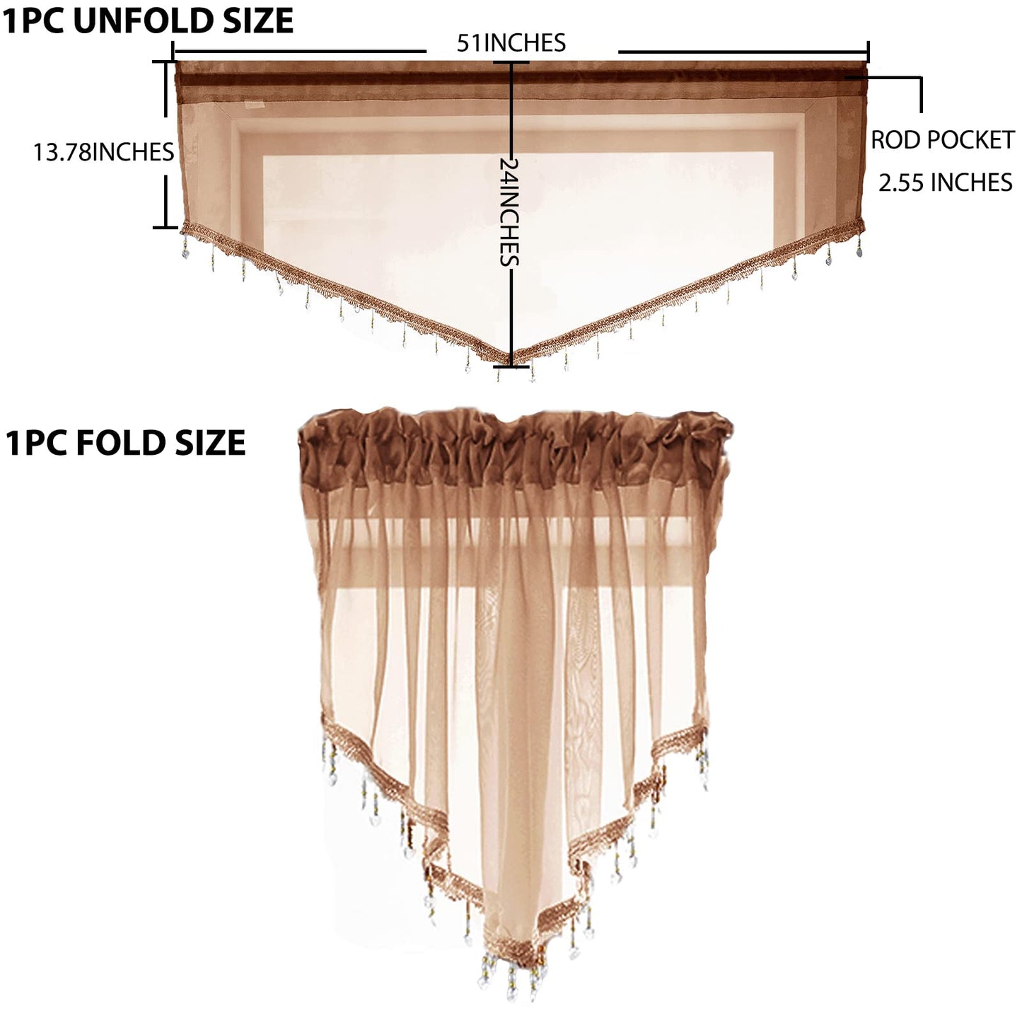 Beaded Sheer Valance Curtains for Living Room,Rod Pocket Farmhouse Window Valance, Bead Trim Tassel Voile Sheer Curtain Valance for Bedroom Bathroom Cafe 51x24 Inches (Brown) 1PC