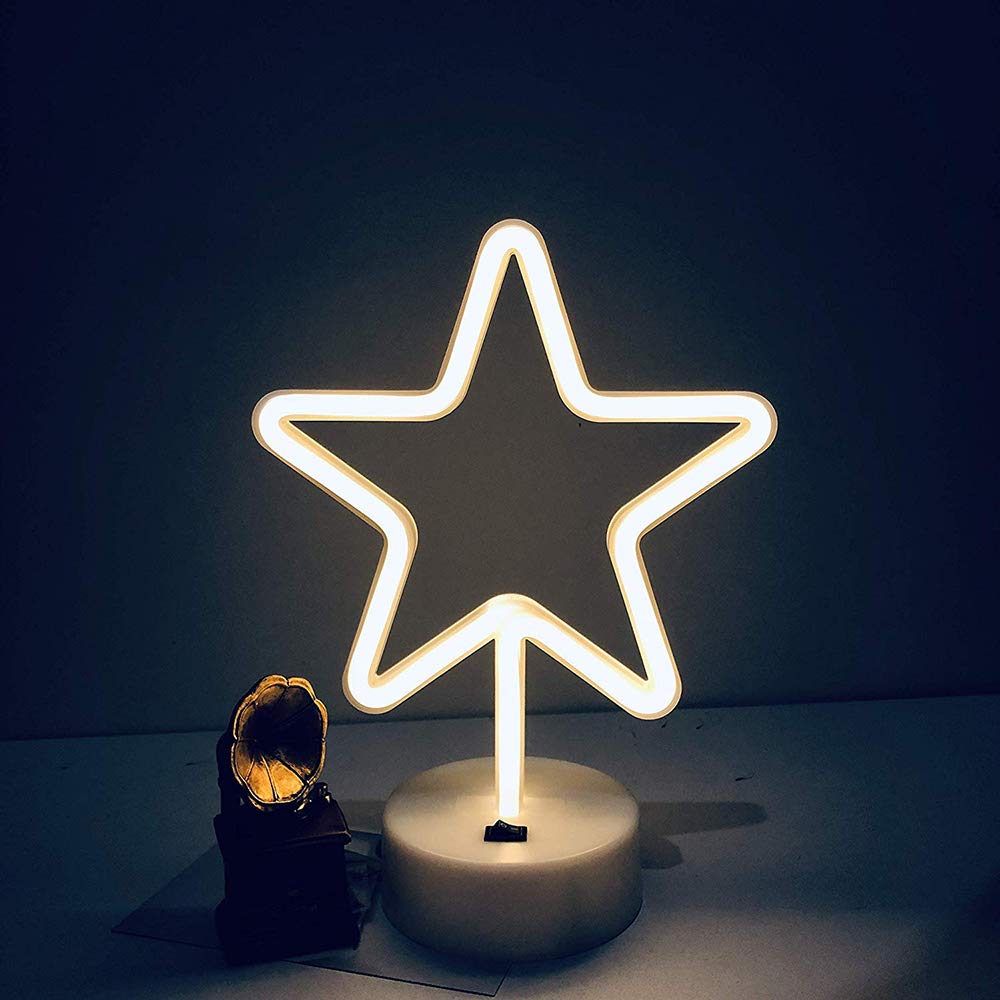 ENUOLI Warm White Star Shaped LED Neon Light Lamp with Base Battery Operated USB Powered LED Star Neon Sign Home Christmas Decoration Lights for Home Hotel Bedroom Store Decoration Night Light