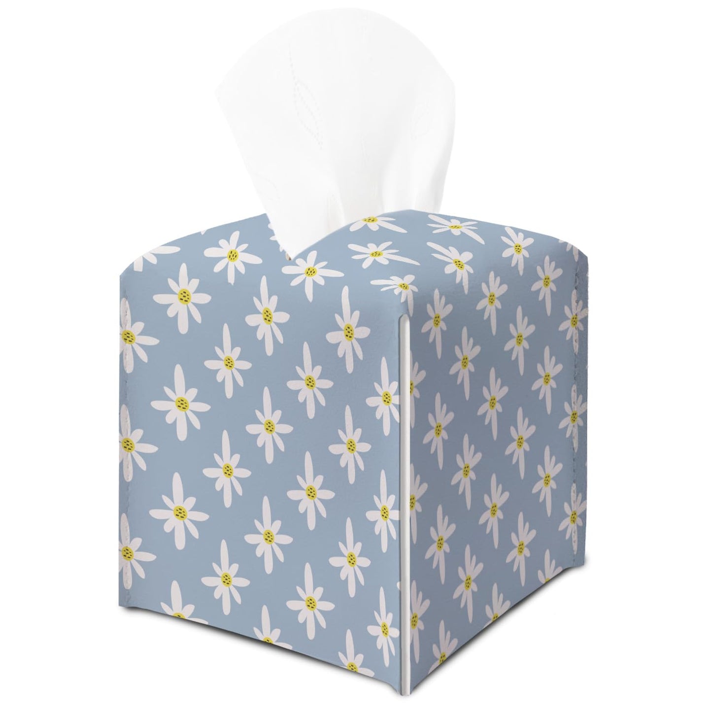 Flower Tissue Box Cover, Square Tissue Box Cover Leather Tissues Holder, Facial Paper Organizer Dispenser for Home Bathroom Office Bedroom Vanity Tabletop Decor -09
