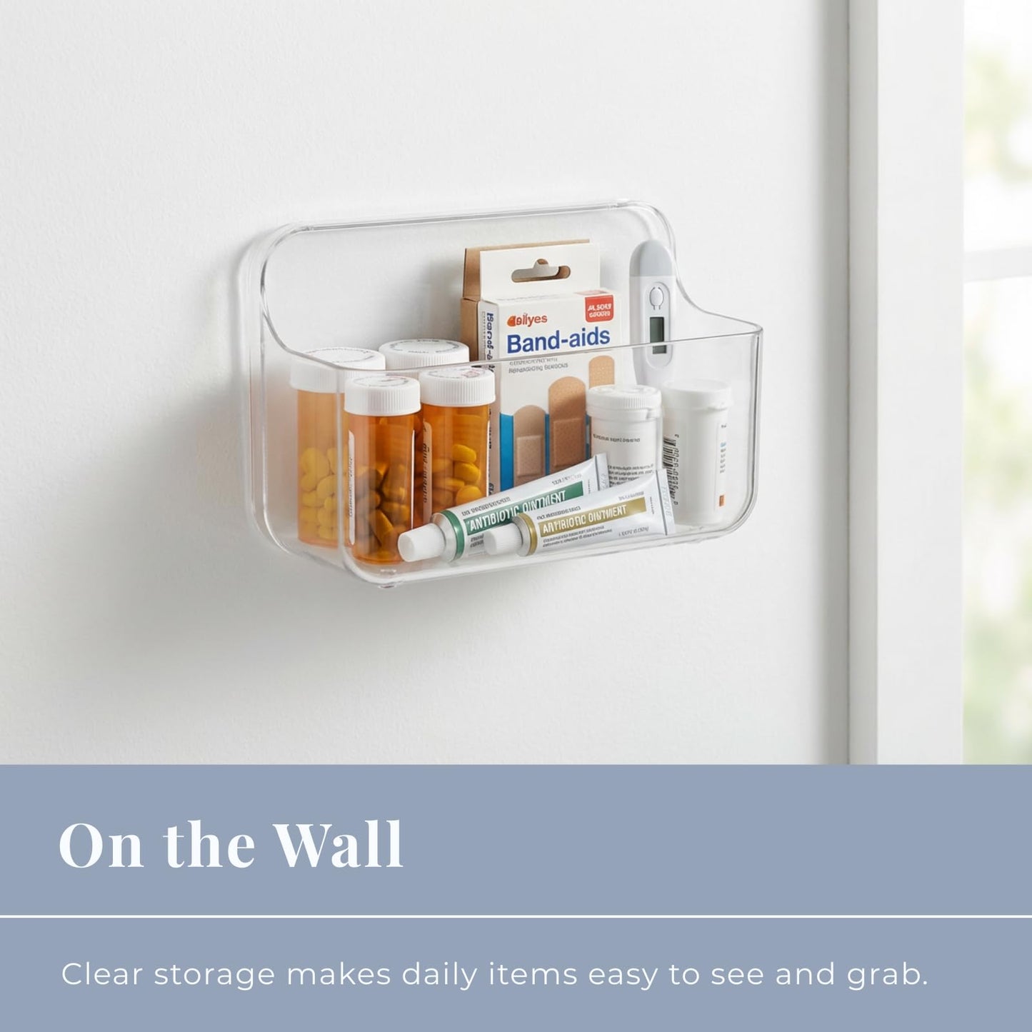 COLINCH No-Drill Wall Organizer Bin – Clear Removable Adhesive Storage Box with Drain Holes, PET Plastic, Ideal for Small Items in Kitchen, Bathroom, Cabinet Door – Sandra Series