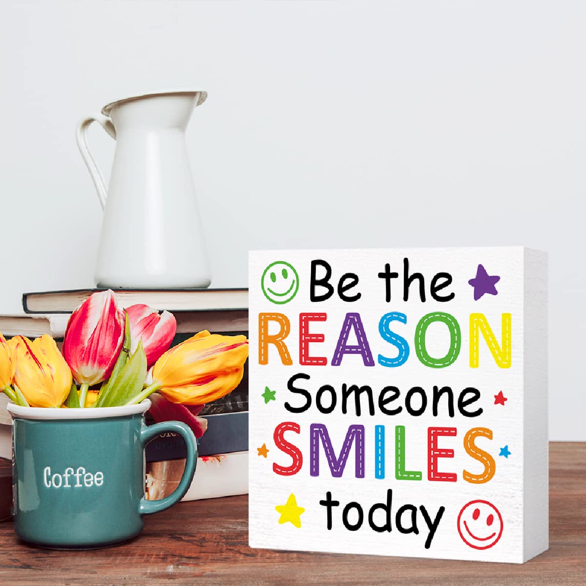 Be the Reason Someone Smiles Today Sign Wood Block,Inspirational Wooden Box Sign Motivational Desk Décor for Office Cubicle,Cheer Up Gifts for Women Coworker 5"L x 5"W x 1"H