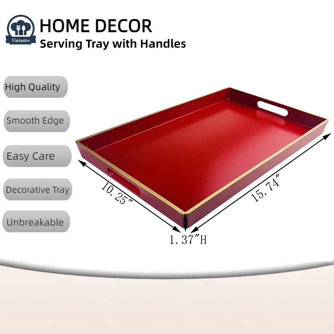 Umisriro Red Decorative Tray, Rectangular Serving Tray with Handles, Plastic Coffee Table Tray for Ottoman, Living Room, Kitchen Tabletop, 15.6” x 10.2” x1.37”