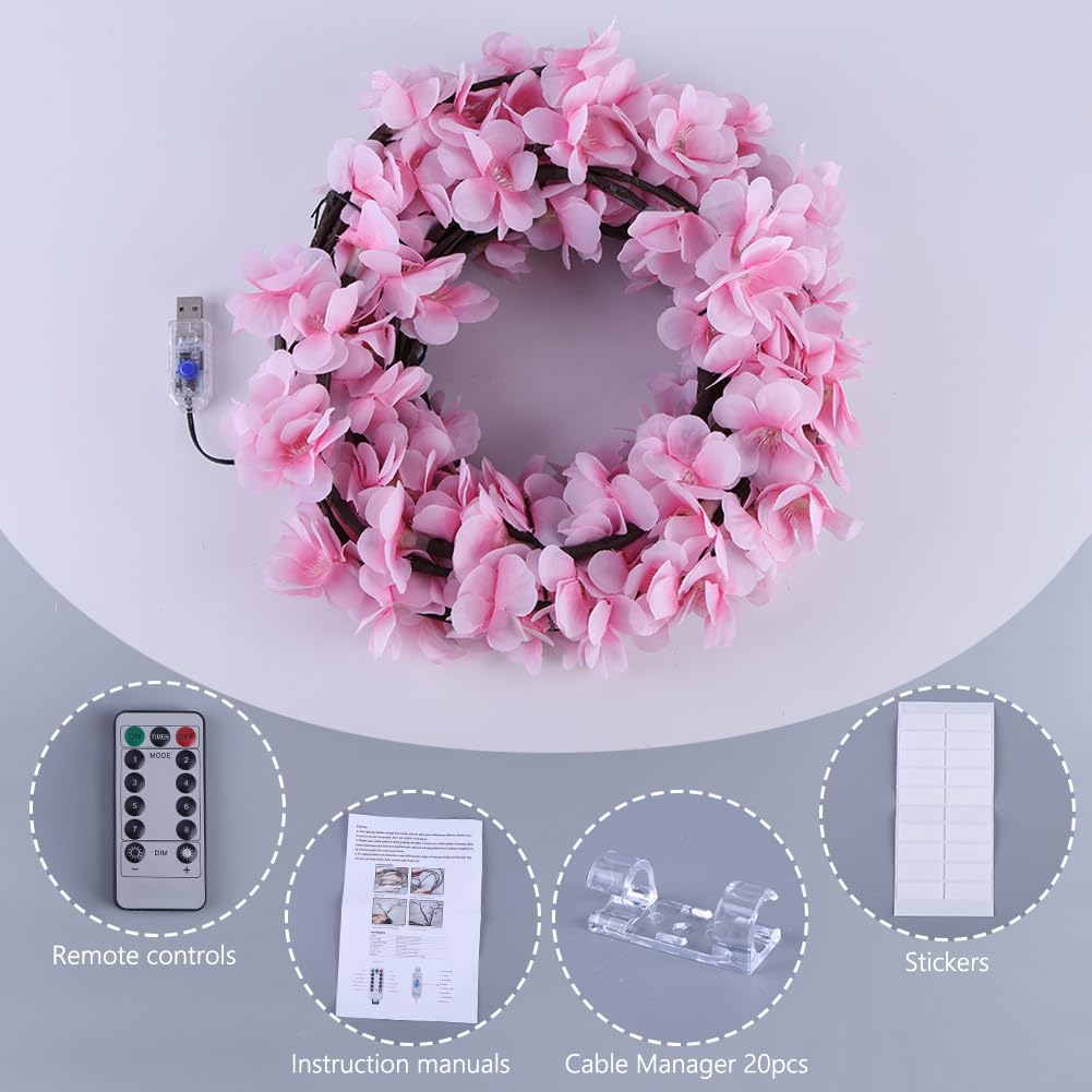 LED Tree Branch Lights for Wall 5.91 FT 96LEDs Cherry Blossom Lights with Remote and 8 Lighting Modes Cherry Blossom Garland Willow Vine Light for Bedroom Indoor Wall Wedding Christmas Decor