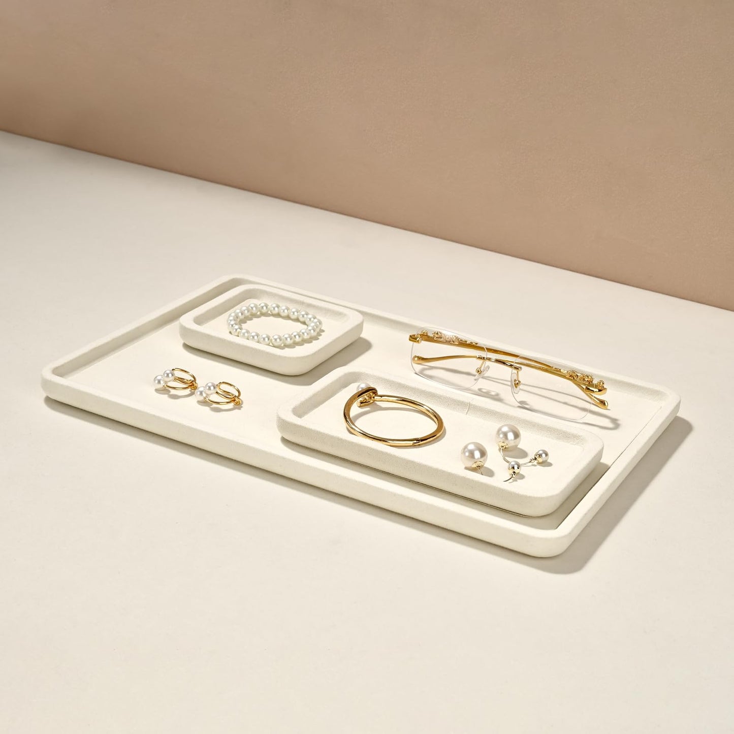 Papten Microfiber Jewelry Trays Stackable Ring Earring Bracelet Necklace Bangle Watch Display Tray Drawer Organizer 3.93 * 3.93 * 0.59inch (White
