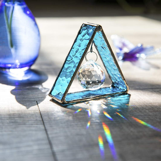 H&D HYALINE & DORA Stained Glass Window Sun Catcher Hangings Pyramid Colored Glass Hanging Ornament for Wall, Window，Car and Party Decoration,Blue